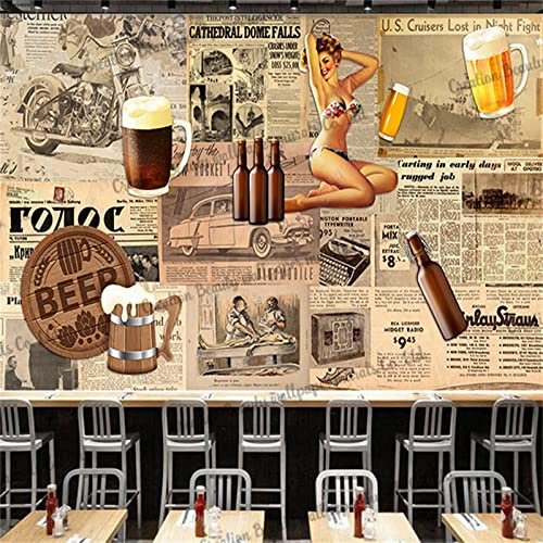 Vintage Zeitungs-Bier-Schönheits-Tapete Industrielles dekoratives Wandbild Hotelbar-Snackbar-Restaurant-Kuliss TV Wandbild Tapete Wanddekoration fototapete 3d Vlies wandbild Schlafzimmer-250cm×170cm