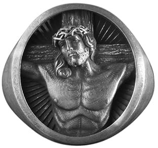 BySilverStone Jewelry – Ring Mit Gravur „Kreuzigung Jesu“, Ring Aus Oxidiertem Silber Mit Jesus Christus Und Kreuz, Christlicher Statement-Ring, Religiöser Ring, Messias-Männerring