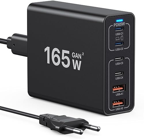 Chargeur USB C GaN 165W, Chargeur de Bureau USB C GaN 6 Ports Adaptateur de Chargeur Mural de Voyage Compatible avec MacBook Pro/Air/iPhone 12/13/14/15/16 Series/Samsung Galaxy S24/S23/S22/Laptop