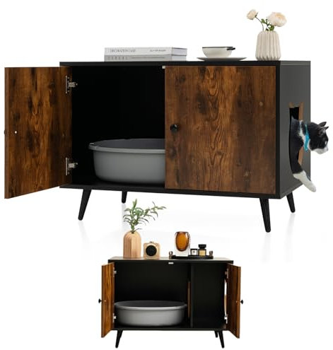 COSTWAY Maison de Toilette pour Chat à Double Portes, Meuble Cache Litiere Chat Industriel en Bois avec 4 Pieds en Métal Détachable, Meuble pour Chat 2 Parties Séparées, 80x50x57cm