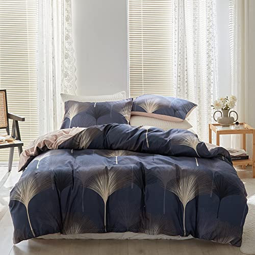 Damier Bettwäsche Blau 220x240 Blätter Muster Bettwäsche Weich Kuschelige Bettbezug Set Ginkgoblätter Schwarz Beige Mikrofaser Bettwäsche 3 Teilig mit Reißverschluss und 2 Kissenbezüge 80x80 cm