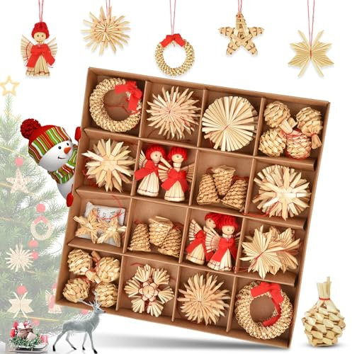 Strohsterne Christbaumschmuck: 56 Stück Weihnachtlicher Baumschmuck - Stroh Anhänger - Strohstern - Christbaum Schmuck Strohanhänger - Natürlicher Christbaumanhänger - Weihnachtsdeko