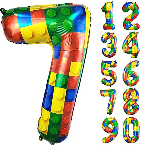 CHANGZHONG® Baustein Geburtstag Ballon Zahl 7 in Farbe Riesen Folienballon Mylar luftballon für Mädchen Jungen Geburtstag Party Dekoration Supplies
