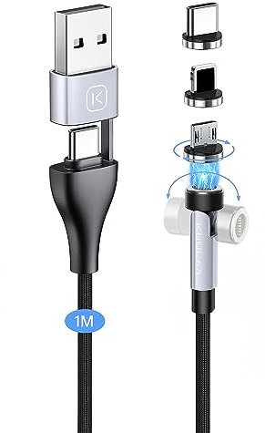Kuulaa 6-in-1 Magnet Ladekabel [1M], 360°&180° Ladekabel Magnetisch 18W Schnelle Aufladung, USB C Magnetisches Ladekabel 3A Schnelllade und Datenübertragungs für USB C/Micro USB/i-Produkte