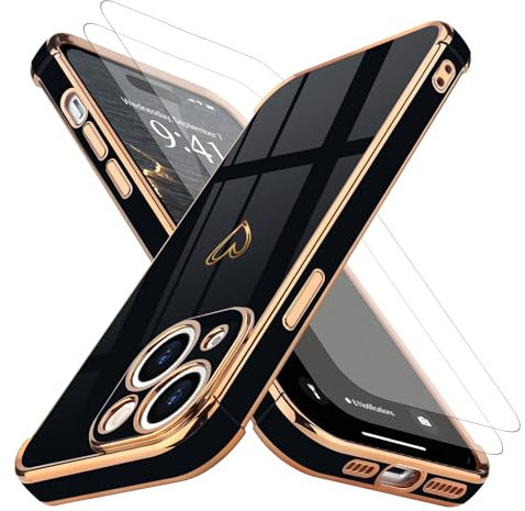 Lafunda 3 in 1 Hülle kompatibel mit iPhone 15 Handyhülle mit 2 Stück Schutzfolie, [Militärischer Schutz] [Kameraschutz] Schutzhülle Mädchen Liebesherz Case für iPhone 15 Schwarz