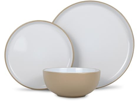 Lewis's 12 Piece Stoneware Dinner Set - 2 Tone/Stonewear Dinner Sets / 4X Dinner Plates, 4X Side Plates, 4X Cereal Bowls/Microwave/Dishwasher Safe (Mushroom)