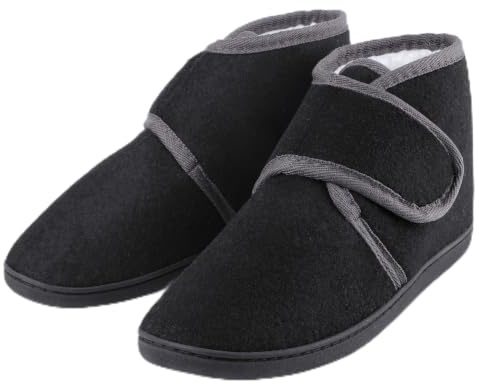 TIESTRA Warm Hausschuhe Herren Winter Lammfell Senioren Hausschuhe Breiter Fuß Filzpantoffeln Mit Memory Foam Sohle,Filz Herrenhausschuhe Mit Klettverschluss,Schwarz 46