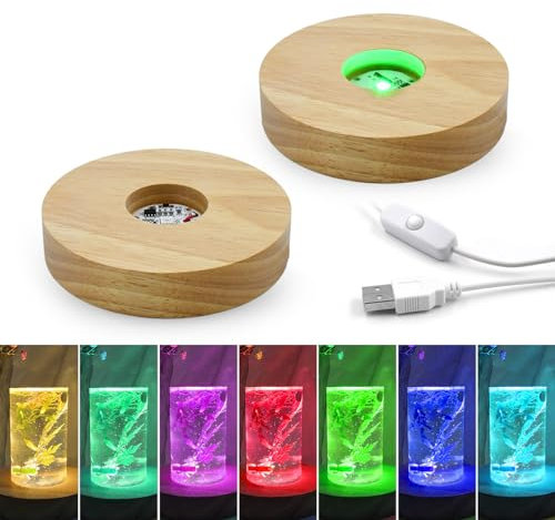 Esoes Leuchtsockel LED Licht Untersetzer für Glasblock Stimmungslichter Drehbar Sockel Warmes Weiß LED Ausstellungsstand Lampesockel aus Holz (Mehrfarbiges Licht)