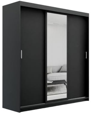 ELUKS OVI Double Sliding Doors Wardrobe with Mirror Furniture for Bedroom Living Room and Hall Wardrobe Organizer Width 100cm/120cm/150cm/180cm/200cm (Black, 200cm)