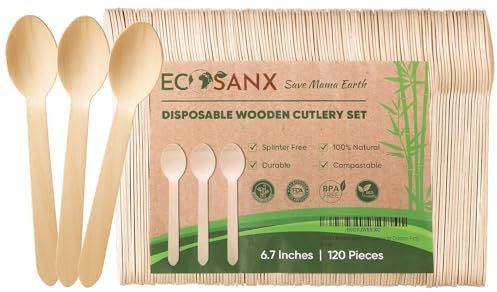 120 PCs Wooden Spoons Set, 6.5 Splinter Free Disposable Spoons for Parties, Eco-Friendly, Substitute for Plastic Cutlery & Bamboo Cutlery - Disposable Tableware for Outdoor, Camping, Events & More