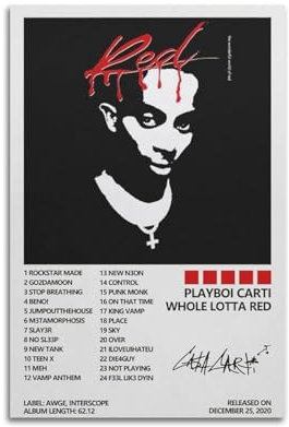 Szzmyo Playboi Carti Ganzes Rotes Lotta-Album-Poster - Dekoratives Gemälde, Moderne Ästhetische Leinwand für Schlafzimmer, Wohnzimmer - Kunst Dekoration, 30 x 45 cm, Ungerahmt