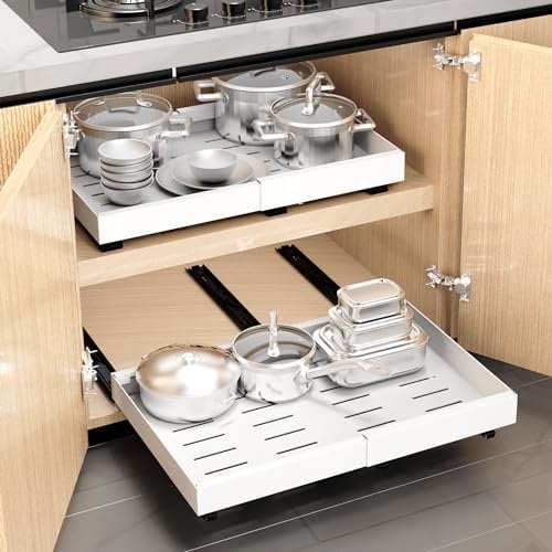 WISD Pull Out Cabinet Organiser - Peel and Stick Sliding Storage Shelf with 3 Rails - Adjustable Width (32CM - 48CM) Slide Out Drawer for Kitchen, Pantry, Bathroom (White, 1 Pack)