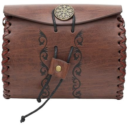 JAOYU Gürteltasche Mittelalter, Kunstleder Tragbare Renaissance Gürtelbeutel, Nordisches Portemonnaie Würfelbeutel für LARP Ren Fair (Stil C Braun)