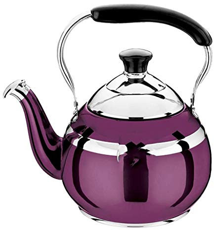 TIECHUINIUB Stainless Steel Whistling Gas Kettle Mirror Polish with Traditional Retro Spout Hob Stove Top Tea Coffee Water Pot-Purple||1.5L