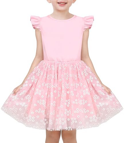 Sunny Fashion Mädchen Kleid Rosa Pailletten Gänseblümchen Blumen- Prinzessin Hochzeit Rüschenärmel Tüll Gr. 110,Rosa Sequin,110