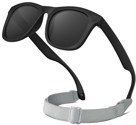 RIVBOS Baby Sunglasses Boys&Girls with Strap UV400 Polarized Flexible for Toddler,Infant and Newborn(0-24month) Black&Grey Lens RBK0231