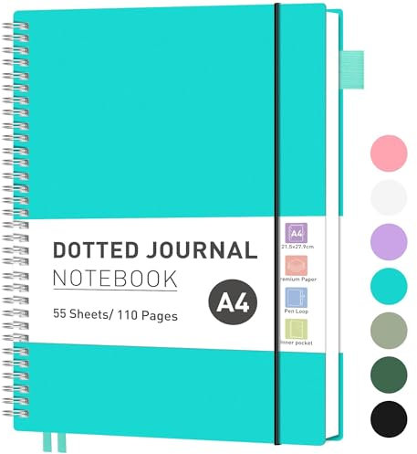 RETTACY Notizbuch A4 Gepunktetes, Bullet Dot Journal, Leichtgewicht Collegeblock, 55 Blatt / 110 Seiten Zum Schreiben, 100gsm, PVC Rinbuch, für Frauen Männer Arbeit Büro, 21,5 x 27,9cm - Türkis