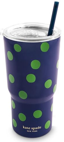 Kate Spade New York Vaso aislado de 20 onzas para bebidas frías y calientes con popote reutilizable, vaso de viaje de acero inoxidable con tapa deslizante, diseño de lunares soneto