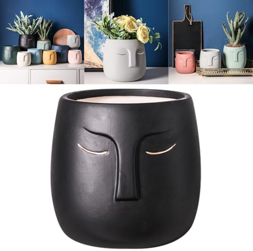 Boxonly Face Planter (Black, Small, With Hole, Without Tray) - Ceramic Plant Pot for Succulents, Flowers, and Small Plants - Nordic Minimalist Vase for Indoor and Outdoor Home Decor