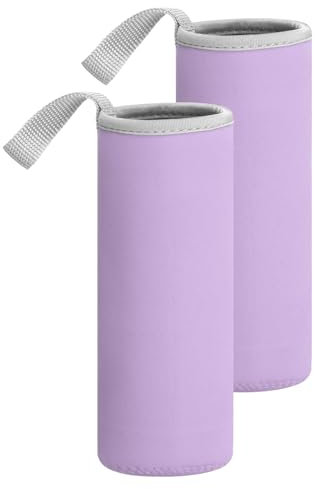 sourcing map 2pcs Neoprene Water Bottle Sleeve, 18.5 oz Insulated Water Glass Bottles Carrier Bag Collapsible Drink Bottle Sleeve Cover Holder with Handle, Light Purple