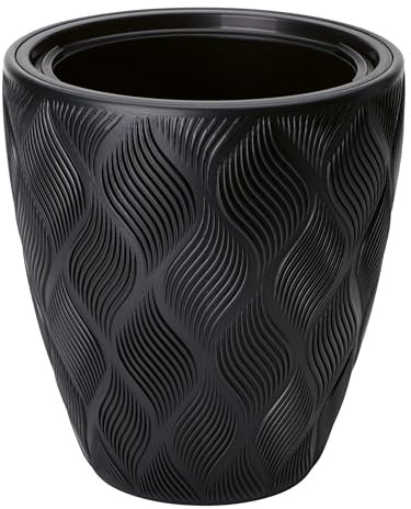 B2C Round Tall Plant Pot Elegant Large Flower Indoor Outdoor Garden Planters Flow High 5 Colours Wave Plastic Textured With insert (Black, H32cm x D29cm)