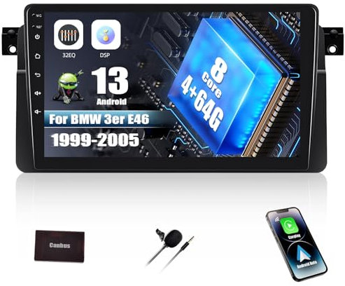 8-Core 4+64G SIXWIN Android 13 Radio Coche para BMW 3er E46 1999-2005, con CarPlay Android Auto DSP,9 Pulgadas Pantalla Táctil,1280 * 720,con GPS WiFi BT USB FM RDS Radio Mirror Link