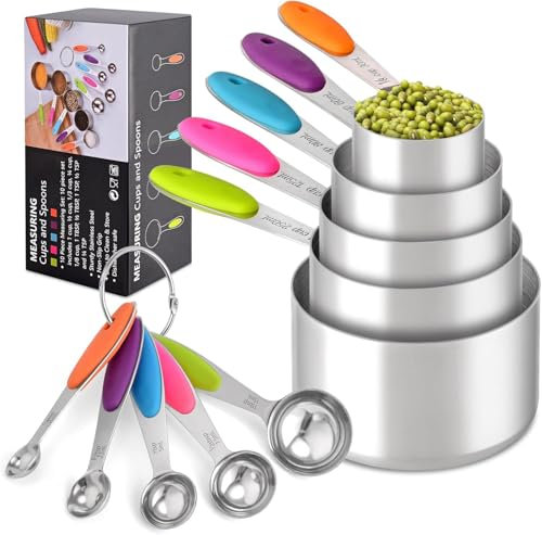 10-teiliges Messbecher- und Messlöffel-Set, Messbecher-Set aus lebensmittelechtem Edelstahl zum Kochen, Backen, Mehrfarbig