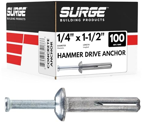 1/4 x 1-1/2 Hammer Drive Nail in Concrete Anchor (100/BOX) | Nail Drive Anchor for Concrete, Block, and Brick | Mushroom Head Fasteners with Carbon Steel Nail