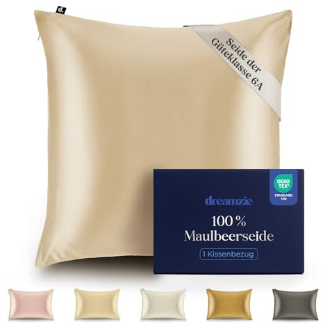 Dreamzie Seidenkissenbezug 100% Silk Pillowcase 22 Momme Güteklasse 6A - Oeko-Tex Zert. für Haar und Haut - 1 Stück - Elfenbein - 80 x 80 cm