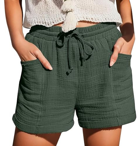 Jmwedia Kurze Hose Damen,Shorts Damen Sommer Musselin Leinen Kurze Hose Baggy Beach Shorts Mit Taschen Elastische Taille Stretchy Gerades Bein Bermuda Lässige Freizeit Short Mit Kordelzug Leinenhose