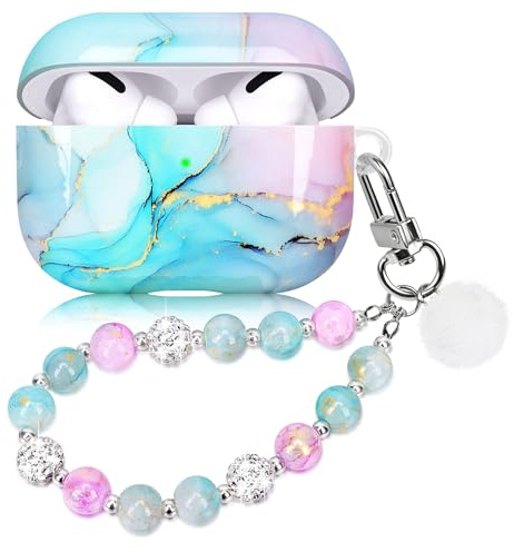 Kompatibel mit AirPods Pro 3 Hülle Ästhetisches Harter Stoßfeste Schutzhülle für AirPod Pro 3. Generation Case Cover für Mädchen Frau mit Lanyard Marble Blau Rosa