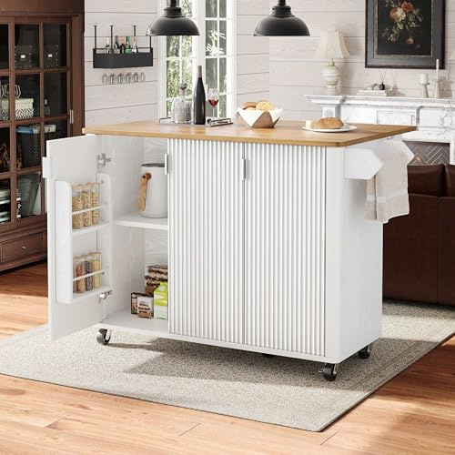Lahoomu Kücheninsel, Speisewagen mit Holzmaserung, Buffet, 130x45(75) x92cm, Ausziehbarer Küchenwagen auf Rädern mit Handtuchhalter, Gewürzregal, Trennwände verstellbar, 3 Türen, Weiß