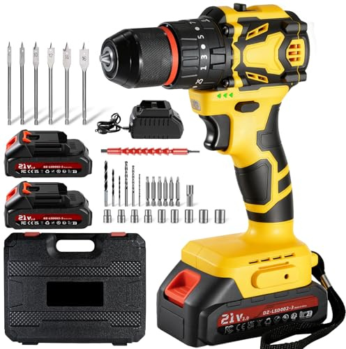 Brushless Trapano Avvitatore Batteria, 21V Trapano a Percussione, 70Nm Max con 2 Batterie 2.0Ah, 25+3 Coppia,2 Velocità,LED Luce, Avvitatore Elettrico per avvitare e forare legno, plastica e metallo
