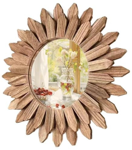 PAEFIU Wandspiegel, Boho-Wand-Sonnenspiegel, Rustikaler Runder Holz -Dekorationsspiegel, Eingangsspiegel, Hängespiegel Wanddekoration, Ornament für Wohnung, Wohnzimmer, Badezimmer, Flur (43 cm)