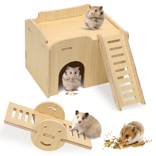 Casa de hámster de madera para hámster con plataforma y balancín, escondite para hámsters enanos sirios, jerbos, ratones, zonas de descanso y juegos, accesorios para jaulas