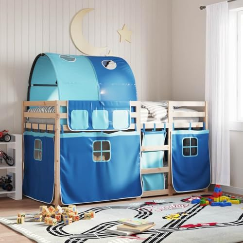 Ziaphsol Etagenbett mit Vorhängen Blau 90x200 cm, Massivholz Kiefer, Kinderbett mit Rausfallschutz, Spielbett für Kinderzimmer, strapazierfähig