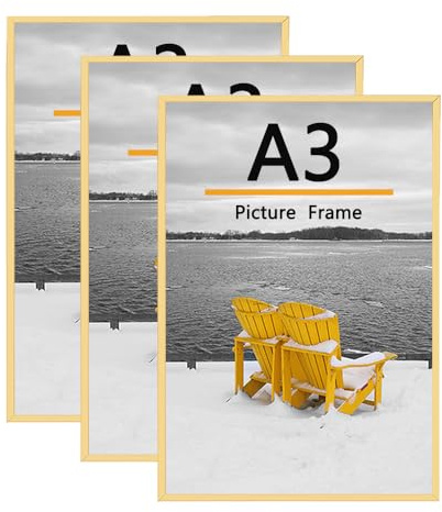 Baoee 3er Pack A3 Bilderrahmen, A3 Bilderrahmen Gold für die Fotogalerie - Einschubleisten, horizontale oder vertikale Wandmontage