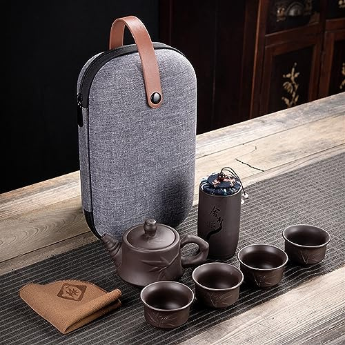 Kung-Fu-Teekanne aus violettem Ton, 230 ml, chinesisches Porzellan, Yixing Zisha-Teekanne, 4 Tassen, Kung-Fu-Reise-Teetasse, handgefertigt, Reise-Teeset für Teeliebhaber (C)