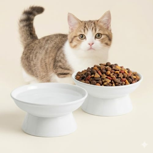 YULL Gamelles Surélevées pour Chat en Céramique, 16 cm x 6 cm Bol pour Nourriture et Eau Blanc, Design Plat Ergonomique Anti-Fatigue des Moustaches (Lot de 2)