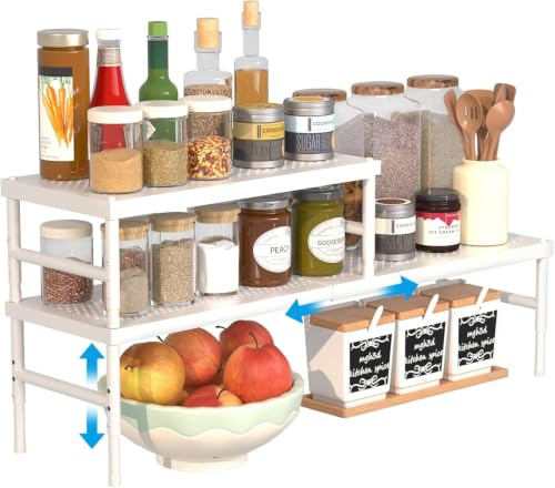HI NINGER 2er Set Weiß 42–72 cm Erweiterbares Schrankregal, Verstellbar | 2 Küchenregale für Schrank, Arbeitsplatte & Speisekammer, ideal für Gewürze und Küchenutensilien, ohne Bohren.
