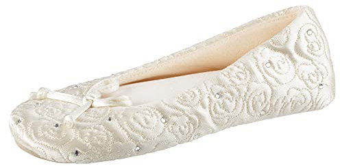 Isotoner Women's Rose Quilted Ballerina Slippers with Rhinestone Embellishment and Suede Sole Ballet Flat, Ivory, 3/4 UK