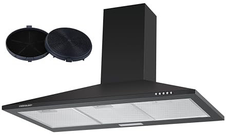 Cookology CH900BK/A 90cm Chimney Cooker Hood Extractor Fan 900mm with Carbon Filters, Energy Rated A, 3 Speed, Kitchen Wall Mounted Range Hood, Adjustable Height, Air Recirculating & Ducting - Black