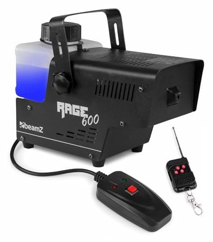 BeamZ RAGE600W Machine à Fumée 600 Watts, Réservoir 500 mL, Design Unique et Solide, Télécommande sans Fil et Filaire 3m, Etrier de Montage, Idéal pour une Soirée de 30 m²