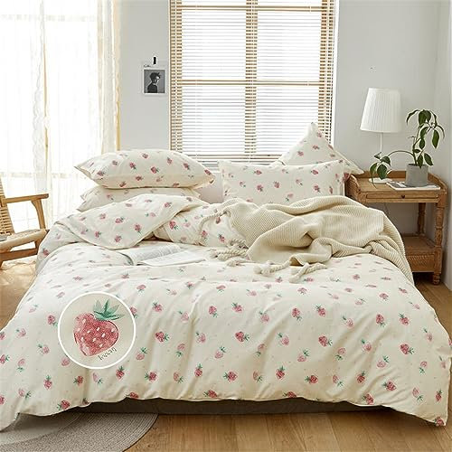 DREAMINGO Süßes Erdbeer-Bettwäsche-Set für Doppelbett, für Kinder, Mädchen, Kawaii-Schlafzimmer-Dekor, Baumwoll-Bettbezug mit Reißverschluss, leicht, 3-teiliges Bettwäsche-Set mit 2 Kissenbezügen,