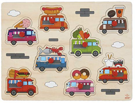 Engelhart - Hochwertiges Holzpuzzle mit Knopf für Kleinkinder - Verschiedene Designs, Holzspiele für Kinder und Babys ab 2 Jahren (Foodtruck)