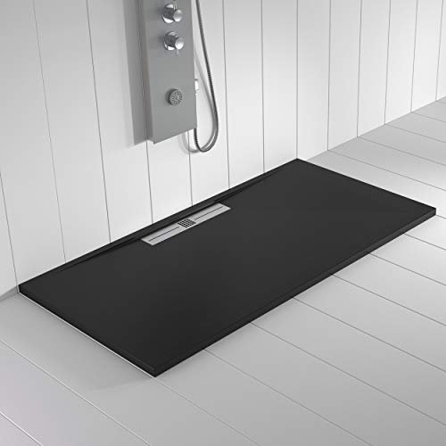 Piatto doccia in resina WIDE scarico lineare laterale Colore Nero 150x80 finitura effetto ardesia antiscivolo, griglia in acciaio inox e piletta