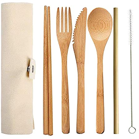 HugeDE 6 Pcs Bamboo Travel Cutlery Knife Fork Spoon Chopsticks Straw Brush Set Bamboo Utensils Camping Flatware Set