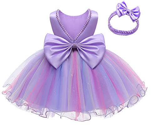 LZH Blumenmädchen Satin Tüll Festkleid mit Schleifenstirnband Baby 0-24 M | Ärmelloses Kleid mit edlem Satin-Oberteil & Tüllrock, geeignet für Geburtstag, Hochzeit, Festzug und Babyparty