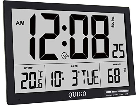 QUIGO Reloj de pared digital grande, 17 pies, enorme reloj de oficina, sala de estar, cocina, temperatura, humedad, alimentado por batería, números grandes (negro)