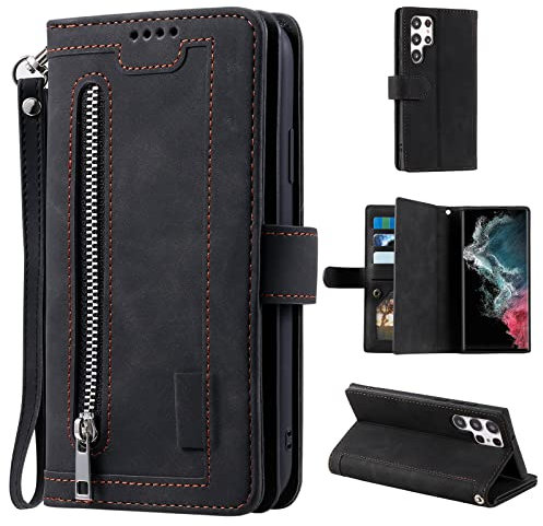UEEBAI Hülle für Samsung Galaxy S22 Ultra 5G, Retro Reißverschluss Handyhülle PU Leder Handytasche Bumper mit 9 Kartenfächer Standfunktion Geldbörse Trageband Schutzhülle Flip Wallet Case - Schwarz